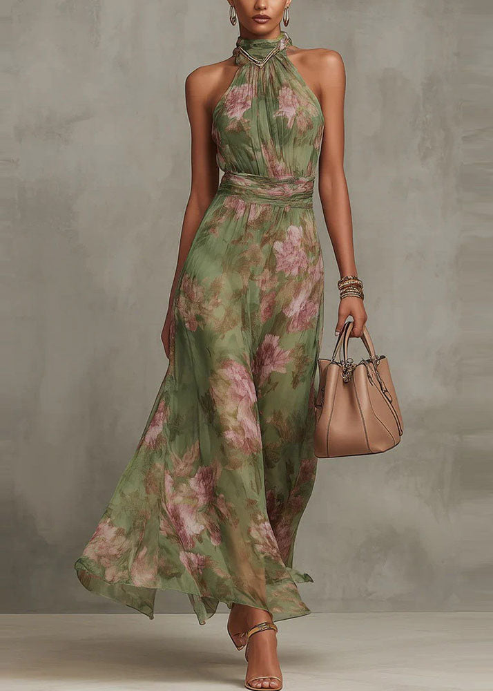 French Green Print Chiffon Long Dress Sleeveless