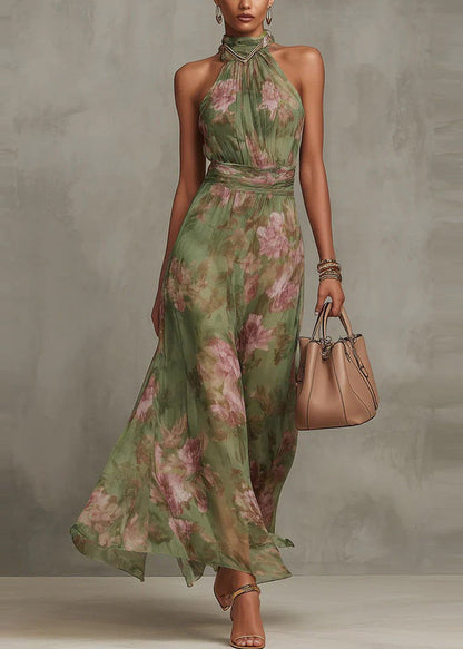 French Green Print Chiffon Long Dress Sleeveless