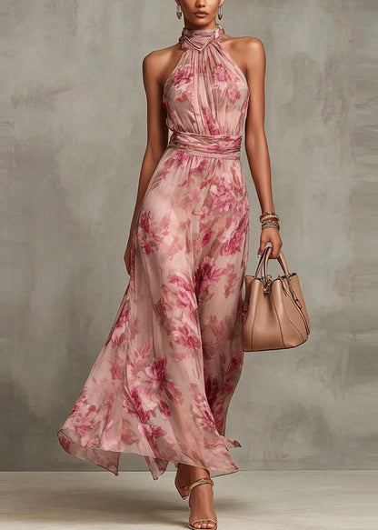 French Green Print Chiffon Long Dress Sleeveless