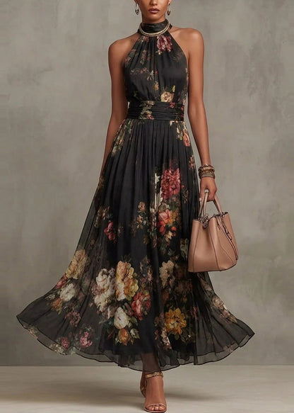 French Green Print Chiffon Long Dress Sleeveless