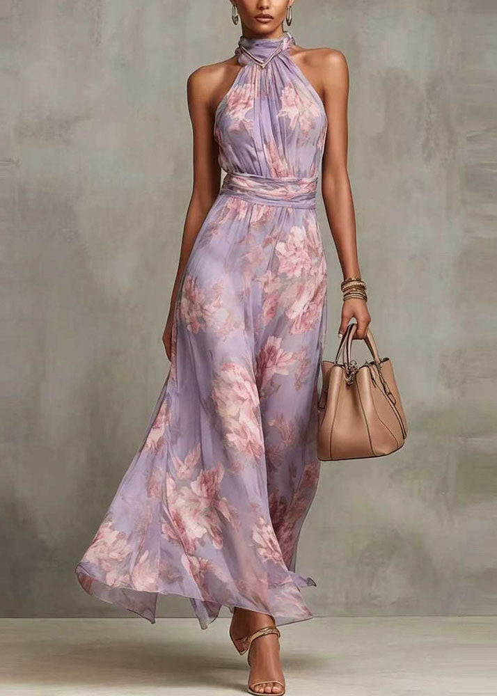 French Green Print Chiffon Long Dress Sleeveless