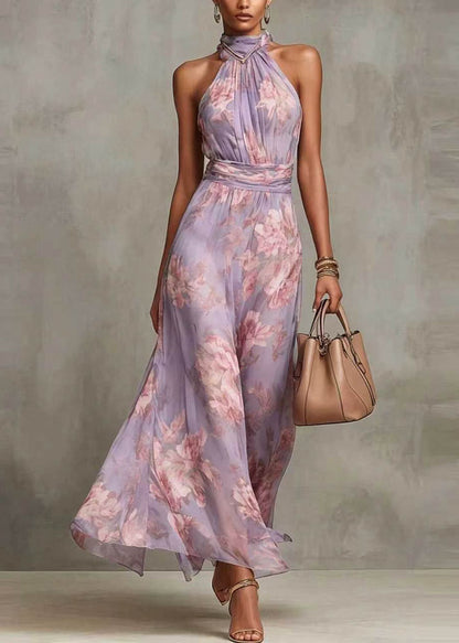 French Green Print Chiffon Long Dress Sleeveless