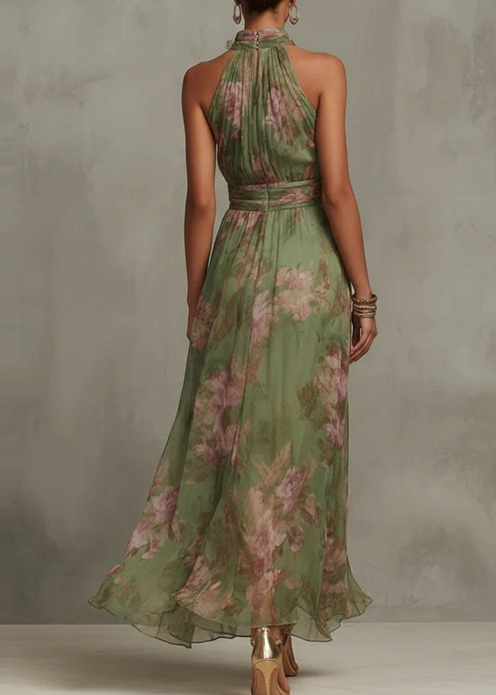 French Green Print Chiffon Long Dress Sleeveless