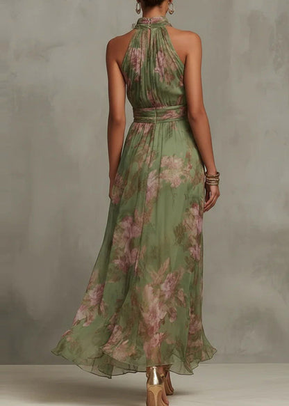 French Green Print Chiffon Long Dress Sleeveless