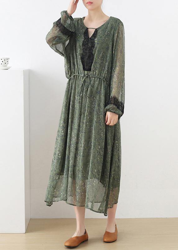 French Green Print Chiffon Patchwork Summer Vacation Dresses - SooLinen