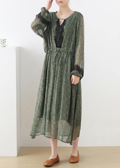 French Green Print Chiffon Patchwork Summer Vacation Dresses - SooLinen