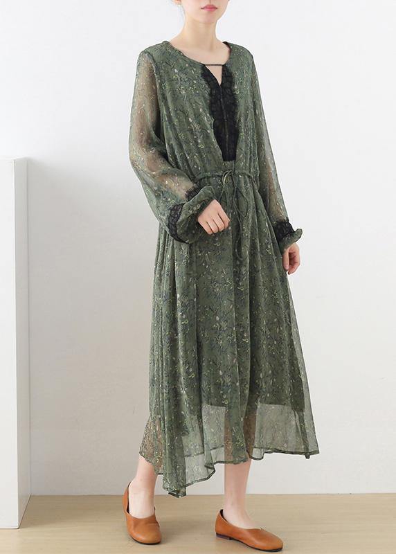 French Green Print Chiffon Patchwork Summer Vacation Dresses - SooLinen