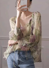 Load image into Gallery viewer, French Green Print Lace Up Chiffon Blouse Long Sleeve