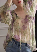 Load image into Gallery viewer, French Green Print Lace Up Chiffon Blouse Long Sleeve