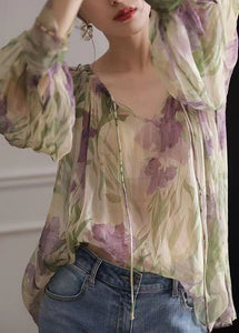 French Green Print Lace Up Chiffon Blouse Long Sleeve