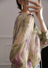 Load image into Gallery viewer, French Green Print Lace Up Chiffon Blouse Long Sleeve