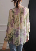 Load image into Gallery viewer, French Green Print Lace Up Chiffon Blouse Long Sleeve