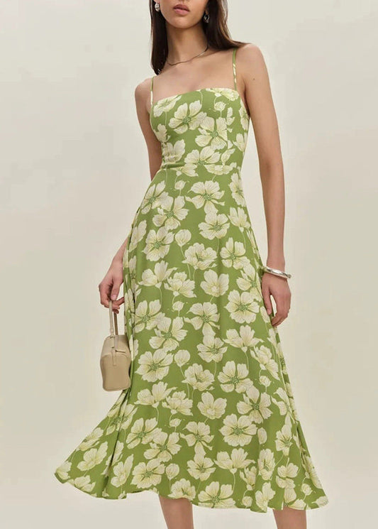 French Green Print Maxi Spaghetti Strap Dresses Summer