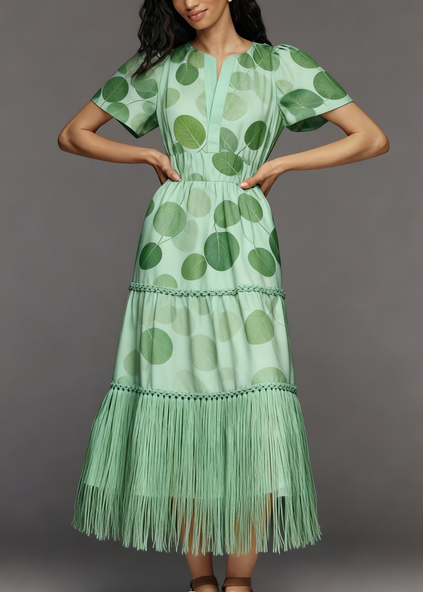French Green Print Tasseled Patchwork Cotton Long Dresses Summer