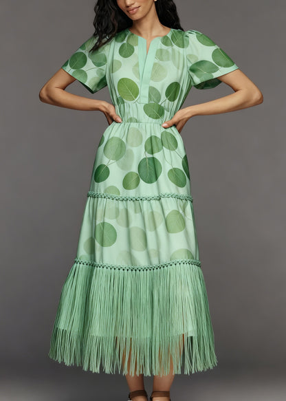 French Green Print Tasseled Patchwork Cotton Long Dresses Summer