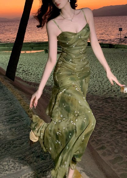 French Green Print Wrinkled Maxi Spaghetti Strap Dress Summer