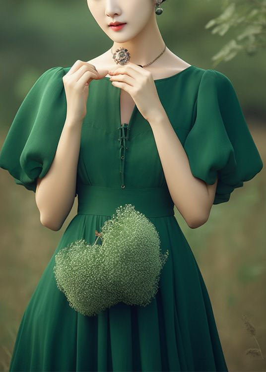 French Green Puff Sleeve Patchwork Wrinkled Chiffon Dresses
