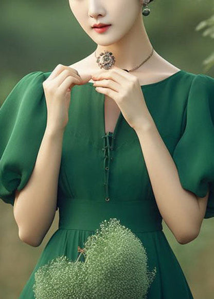 French Green Puff Sleeve Patchwork Wrinkled Chiffon Dresses