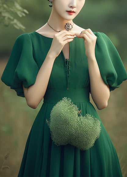French Green Puff Sleeve Patchwork Wrinkled Chiffon Dresses