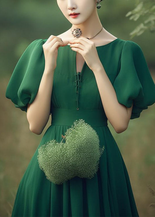 French Green Puff Sleeve Patchwork Wrinkled Chiffon Dresses