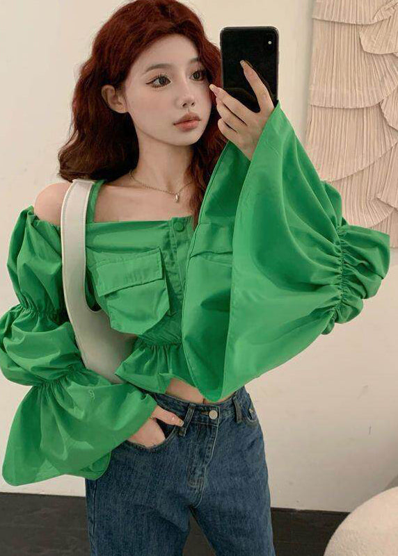 French Green Puff Sleeve Slash Neck Cotton Shirt Summer
