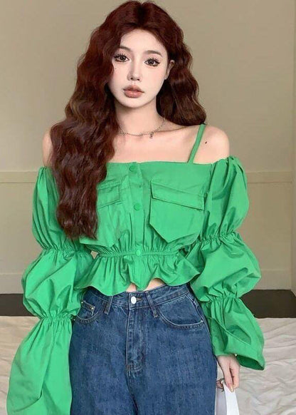 French Green Puff Sleeve Slash Neck Cotton Shirt Summer