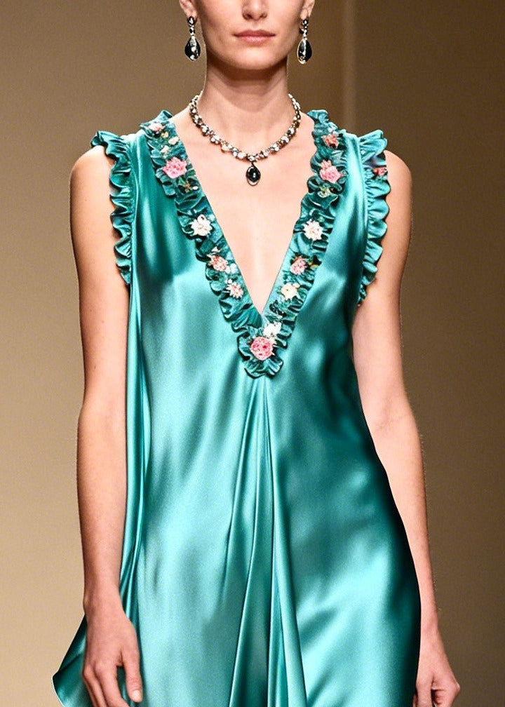 French Green Ruffled Asymmetrical Design Exra Large Hem Silk Holiday Dress Summer
