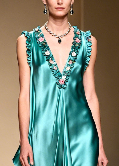 French Green Ruffled Asymmetrical Design Exra Large Hem Silk Holiday Dress Summer