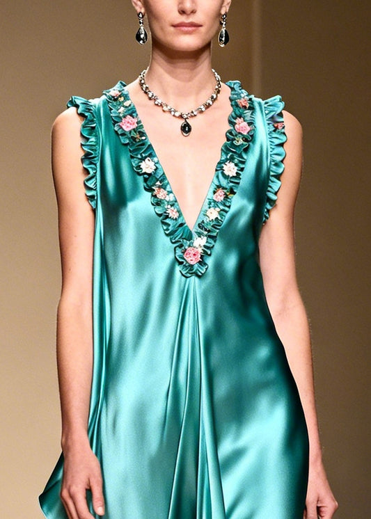French Green Ruffled Asymmetrical Design Exra Large Hem Silk Holiday Dress Summer