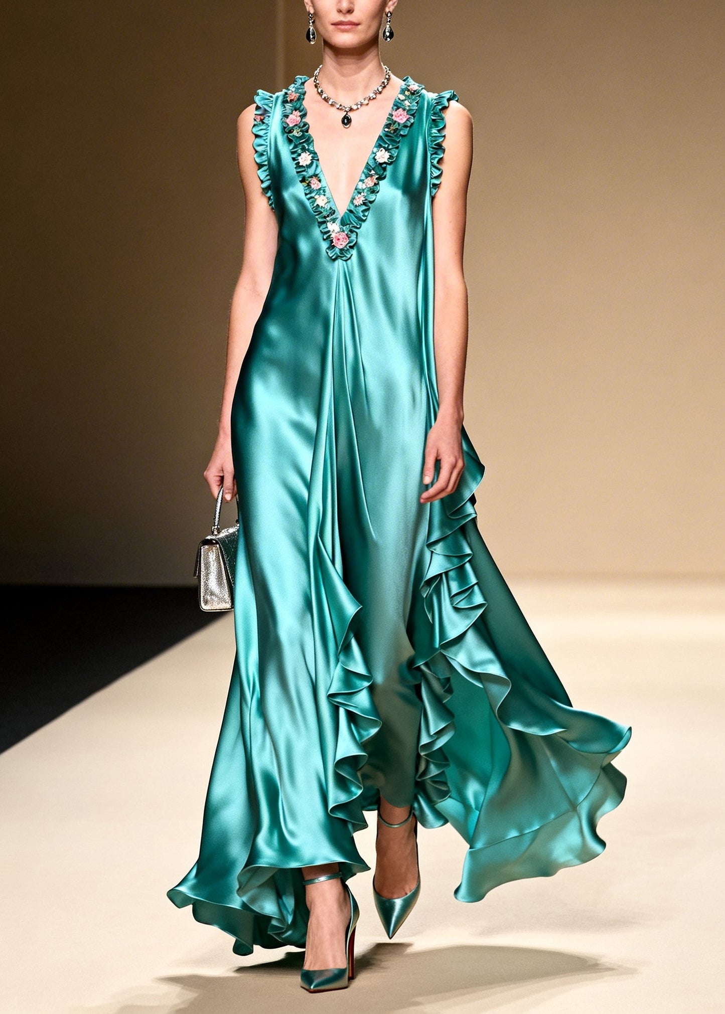 French Green Ruffled Asymmetrical Design Exra Large Hem Silk Holiday Dress Summer