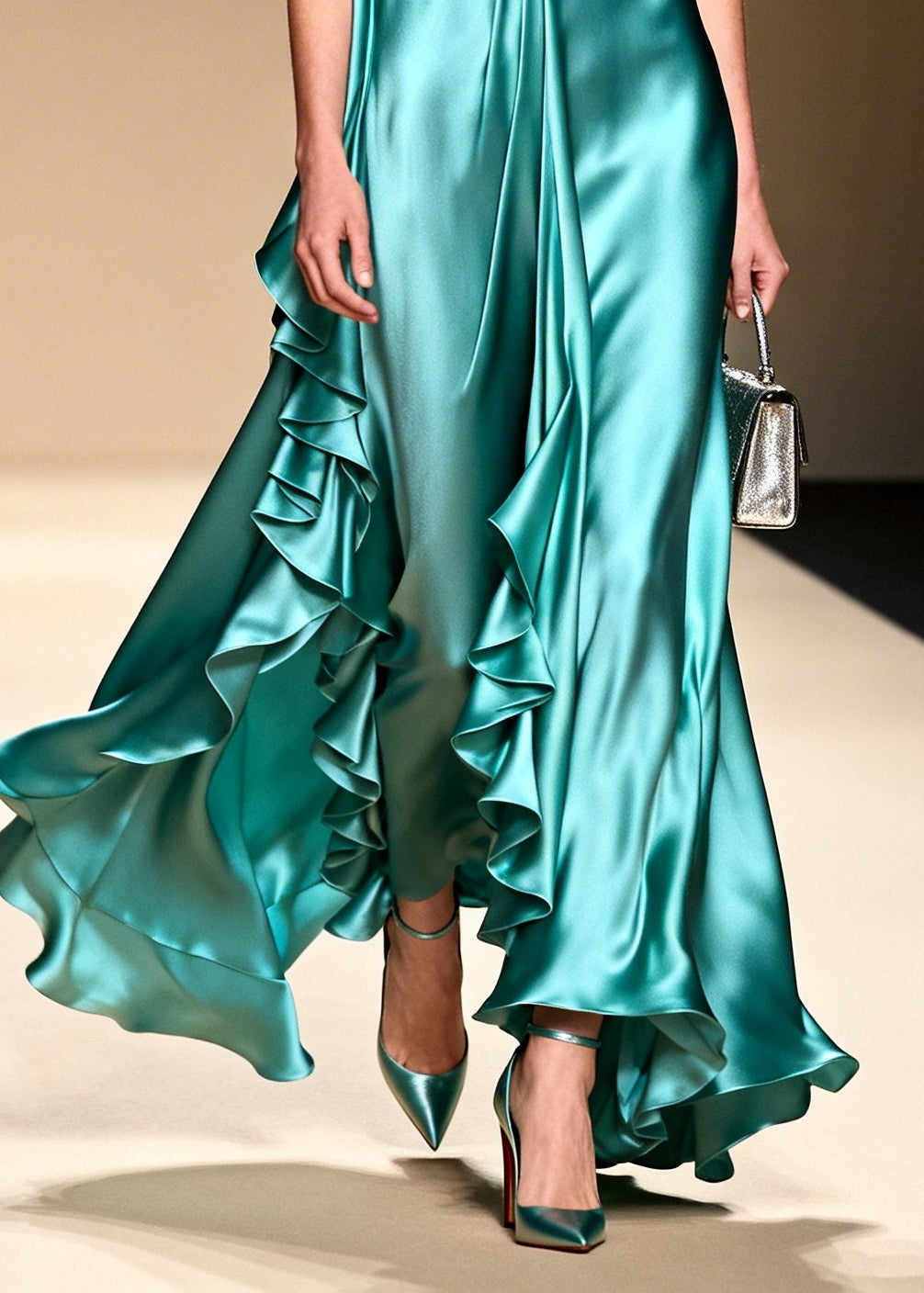 French Green Ruffled Asymmetrical Design Exra Large Hem Silk Holiday Dress Summer