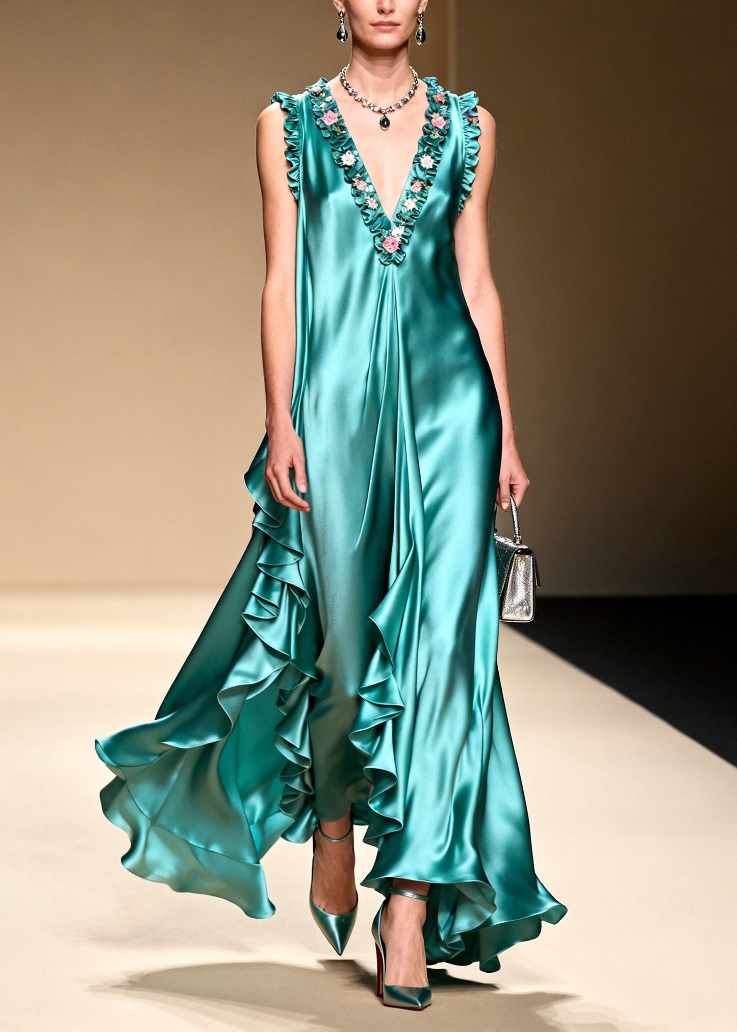 French Green Ruffled Asymmetrical Design Exra Large Hem Silk Holiday Dress Summer