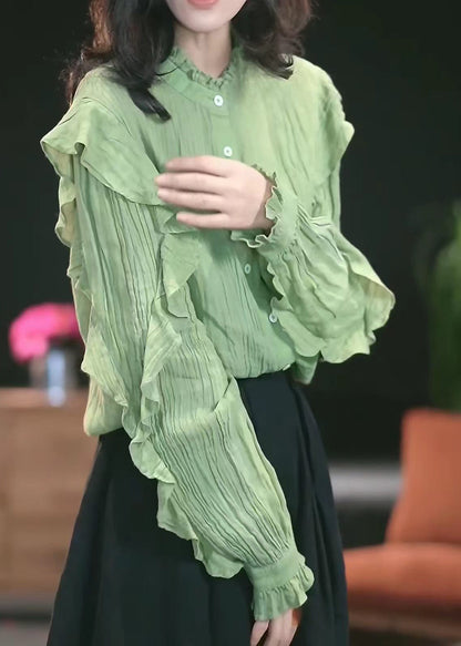 French Green Ruffled Button Patchwork Cotton Shirts Tops Fall