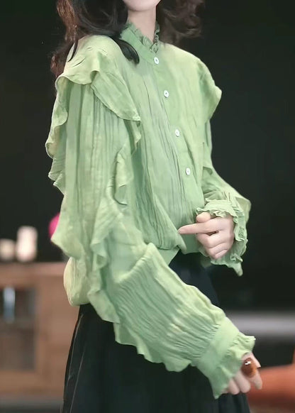 French Green Ruffled Button Patchwork Cotton Shirts Tops Fall