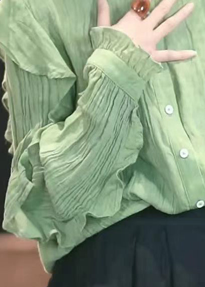 French Green Ruffled Button Patchwork Cotton Shirts Tops Fall