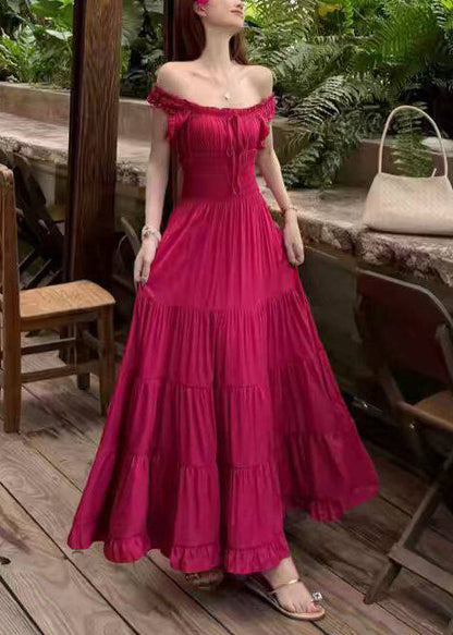 French Green Ruffled Elastic Waist Cotton Long Dress Summer