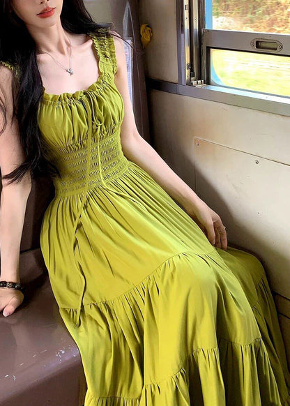 French Green Ruffled Elastic Waist Cotton Long Dress Summer