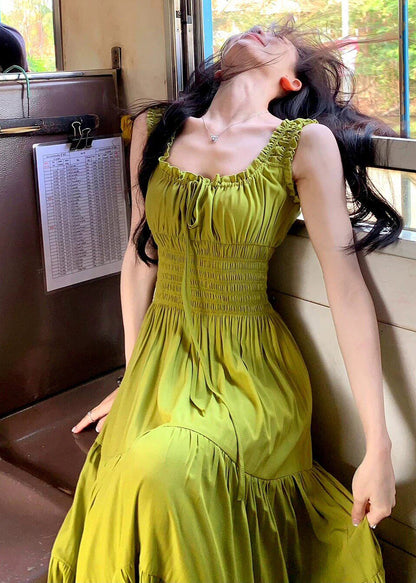 French Green Ruffled Elastic Waist Cotton Long Dress Summer