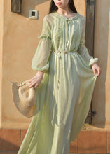 Load image into Gallery viewer, French Green Ruffled Embroidered Chiffon Dress Summer
