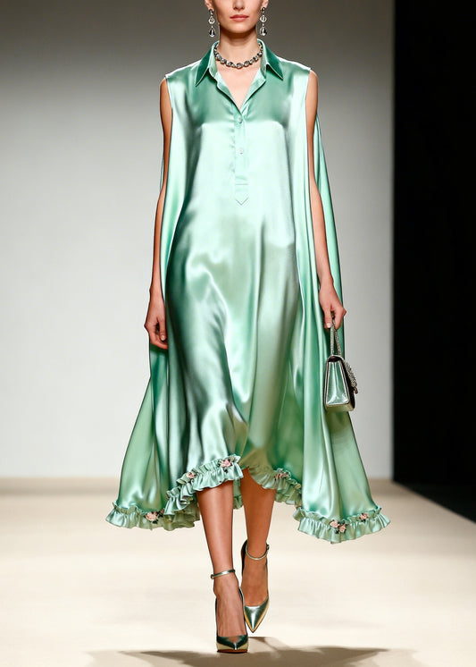 French Green Ruffled Oversized Draping Silk Holiday Dress Summer