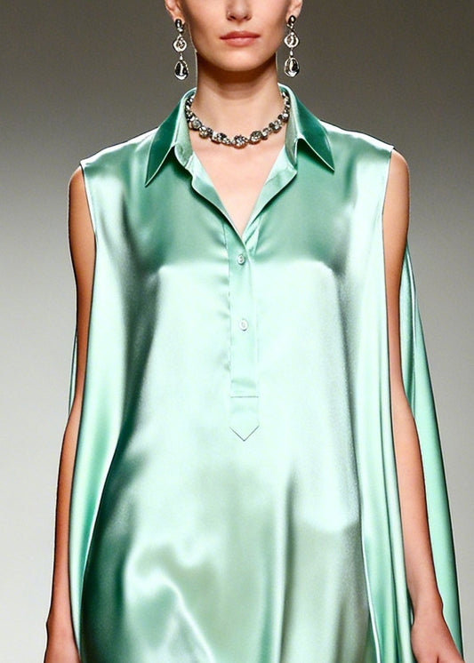 French Green Ruffled Oversized Draping Silk Holiday Dress Summer