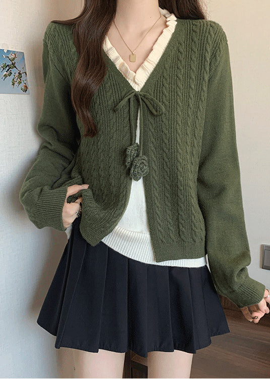 French Green Ruffled Patchwork Knit Fake Two Piece Sweaters Fall