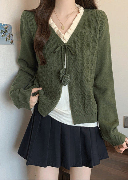 French Green Ruffled Patchwork Knit Fake Two Piece Sweaters Fall