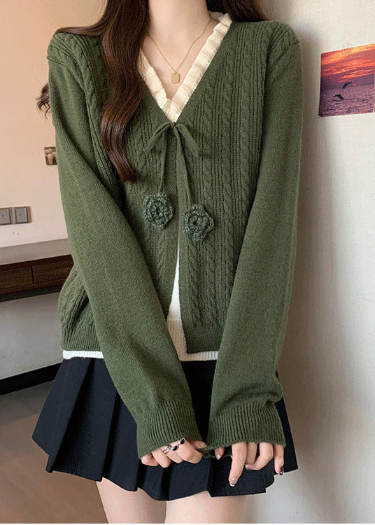 French Green Ruffled Patchwork Knit Fake Two Piece Sweaters Fall