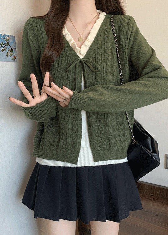 French Green Ruffled Patchwork Knit Fake Two Piece Sweaters Fall
