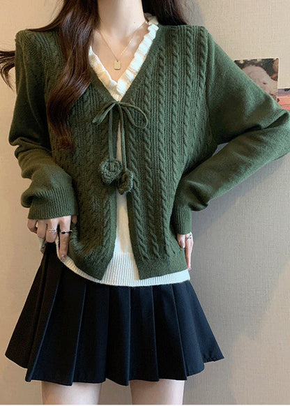 French Green Ruffled Patchwork Knit Fake Two Piece Sweaters Fall