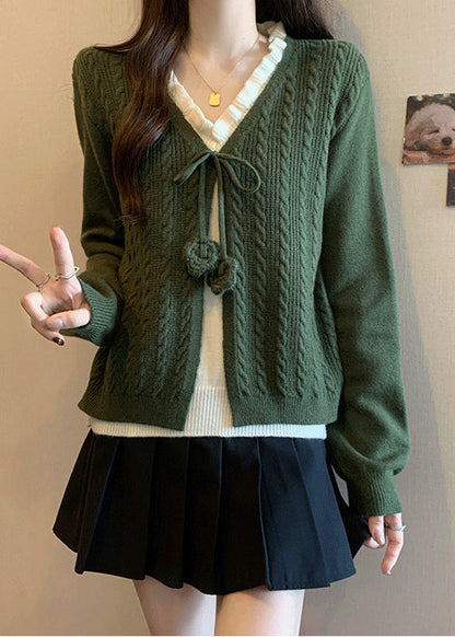 French Green Ruffled Patchwork Knit Fake Two Piece Sweaters Fall