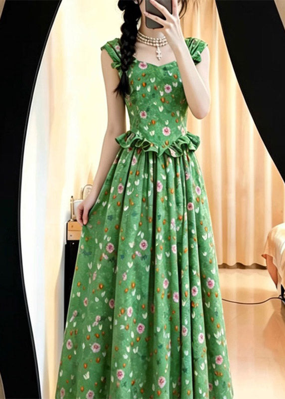 French Green Ruffled Patchwork Long Spaghetti Strap Dress Summer