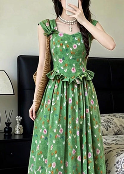 French Green Ruffled Patchwork Long Spaghetti Strap Dress Summer