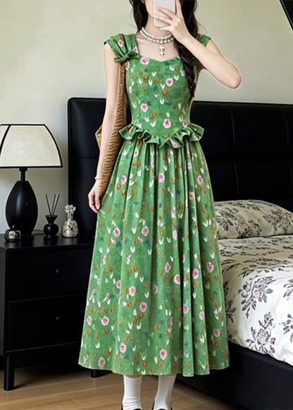French Green Ruffled Patchwork Long Spaghetti Strap Dress Summer